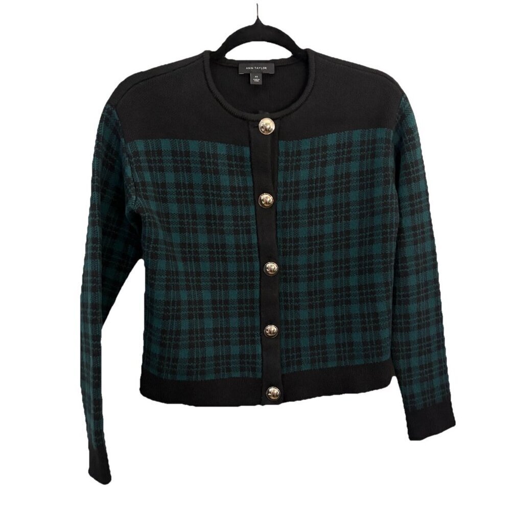 Ann Taylor Plaid Jacquard Cardigan in a Green Black Gold Buttons Size XS